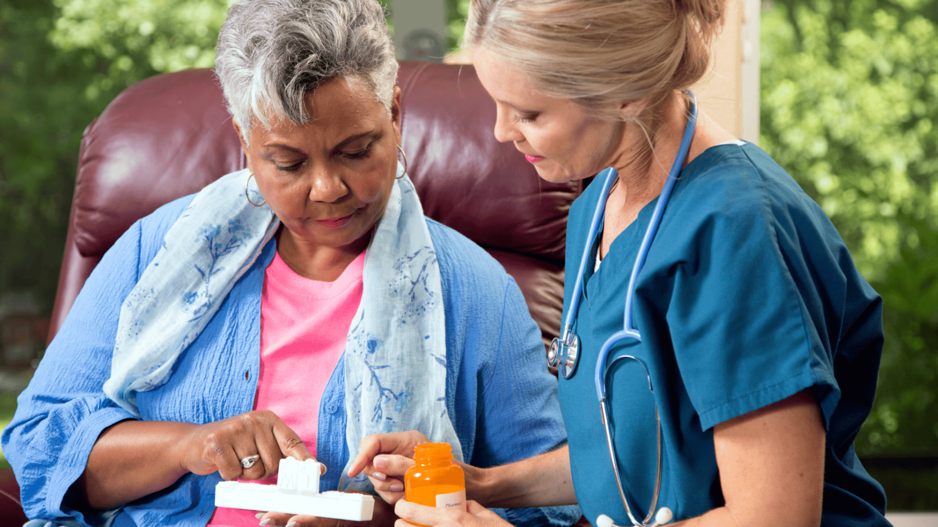 A compassionate and trained caregiver administering medication to a senior in a home care setting, ensuring the safe and accurate dosage and time as per the physician's instructions - Radiant Health Services Medication Management Program